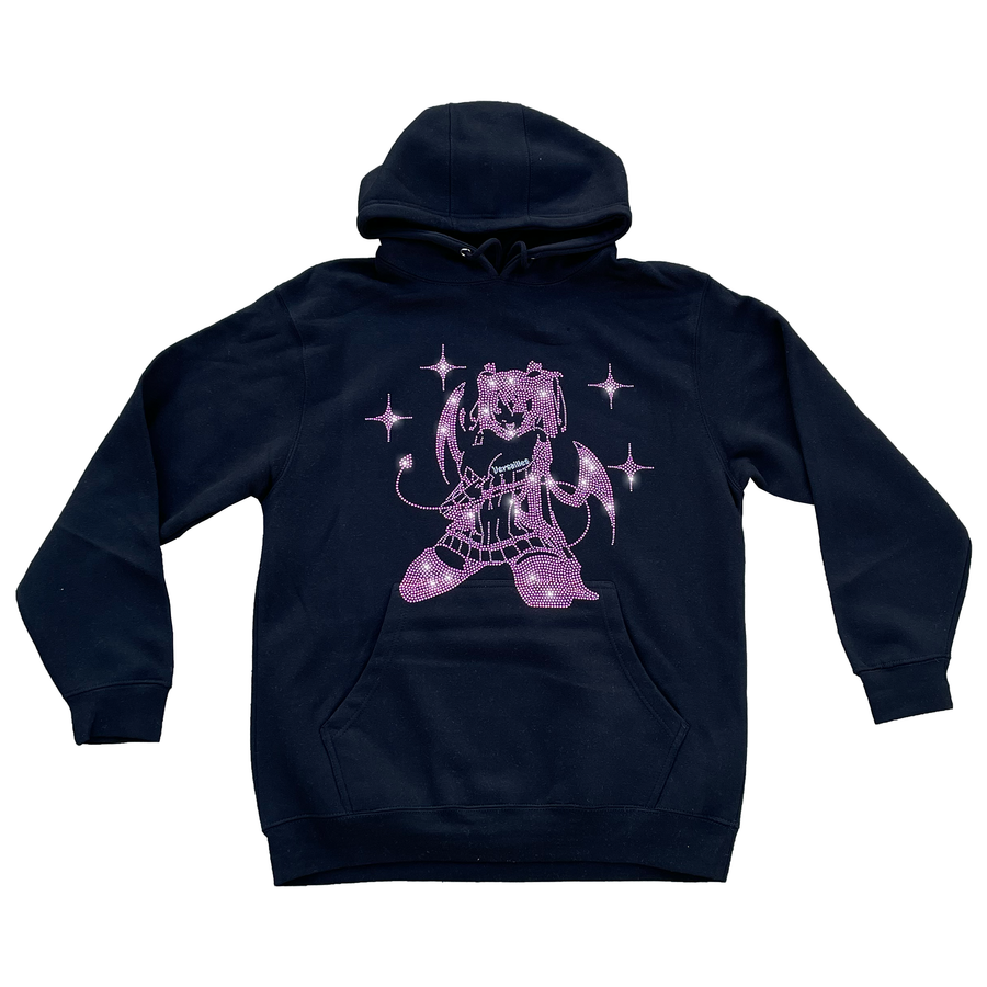 Versailles Pink Rhinestone Evil Anime Girl Black Hoodie - VERSAILLES