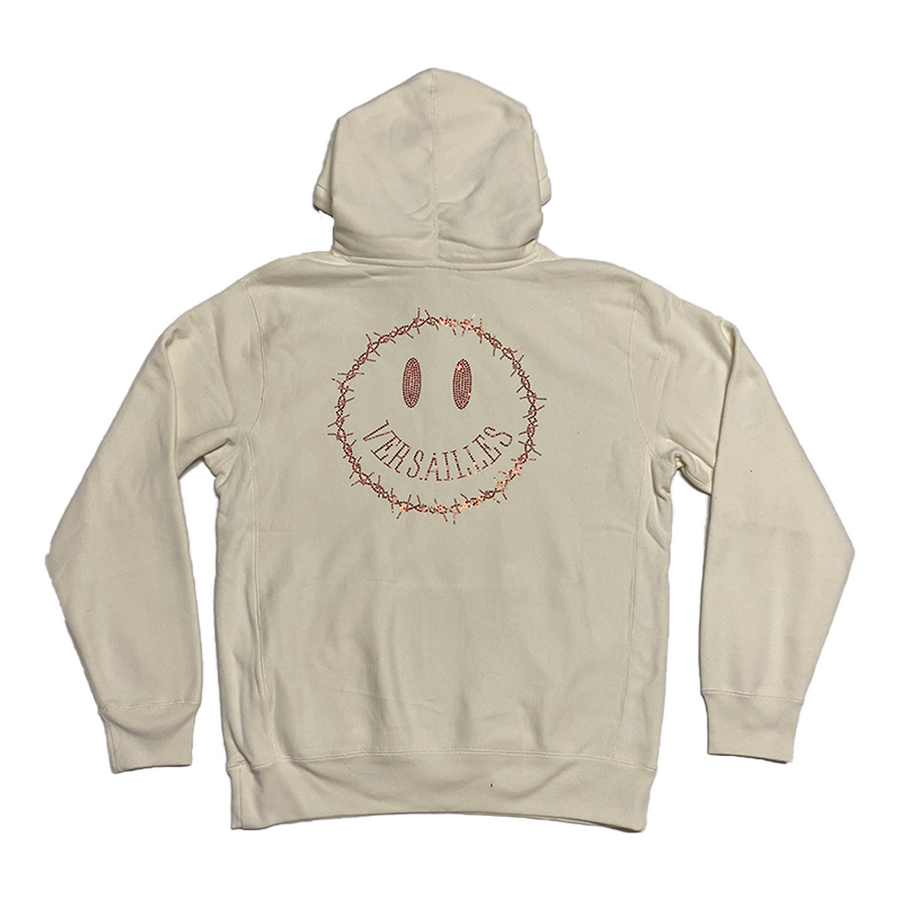 Versailles Rhinestone Barbed Wire Smiley Face Bone White Hoodie - VERSAILLES