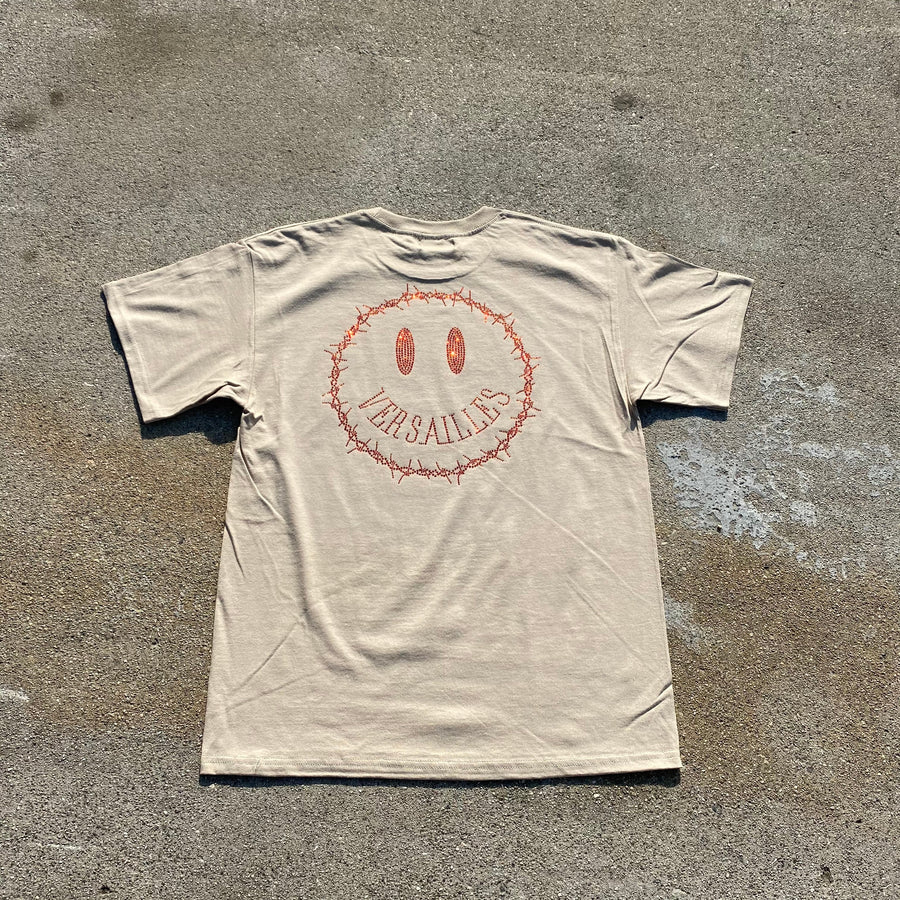 Versailles Rhinestone Barbed Wire Smiley Face Tan Tee - VERSAILLES