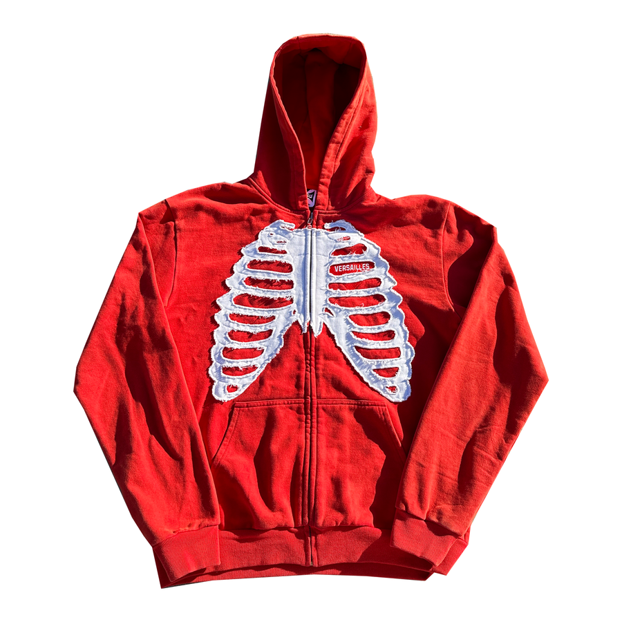 Versailles Applique Embroidered Stoned Red Rib-Cage Zip-Up