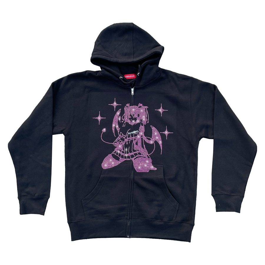 Versailles Pink Rhinestone Evil Anime Girl Black Zip-Up Hoodie - VERSAILLES